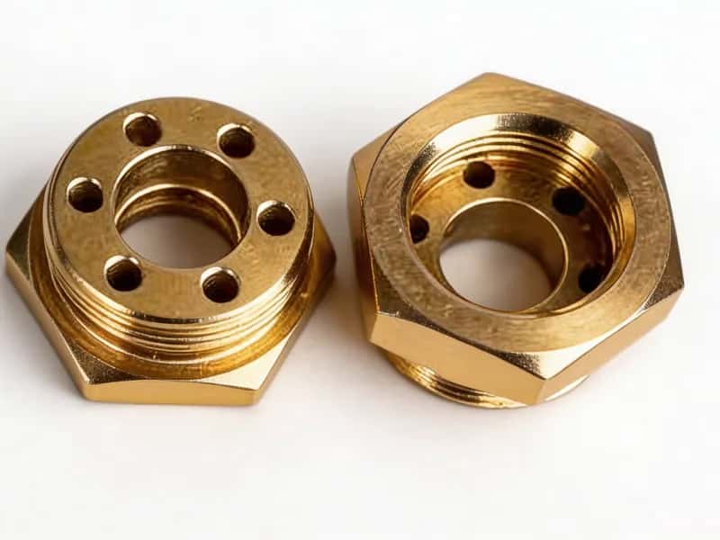 Two polished brass hex fittings showing external threads and multi-bore faces
