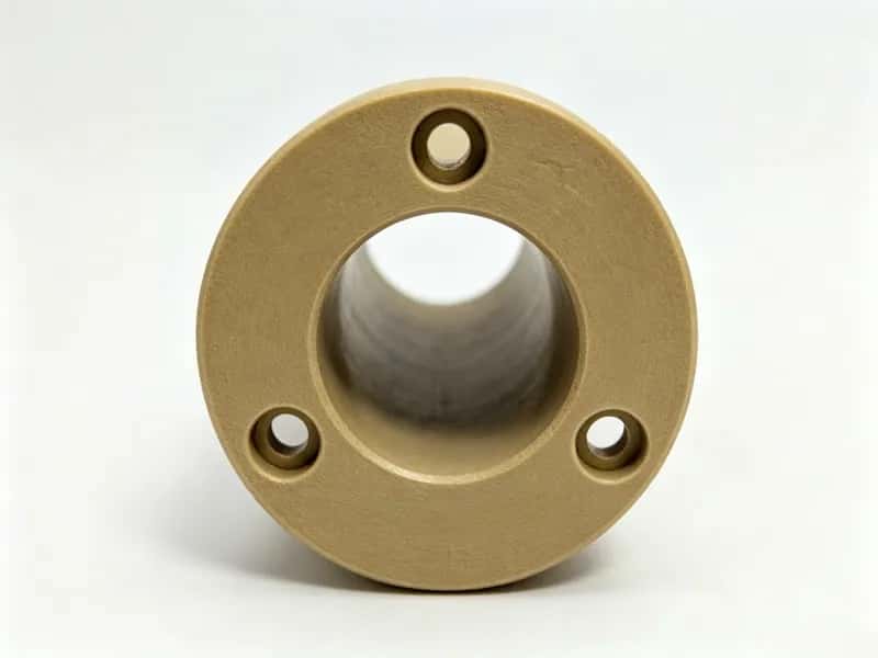 Tan PEEK flanged sleeve with a through-bore and three mounting holes in the flange