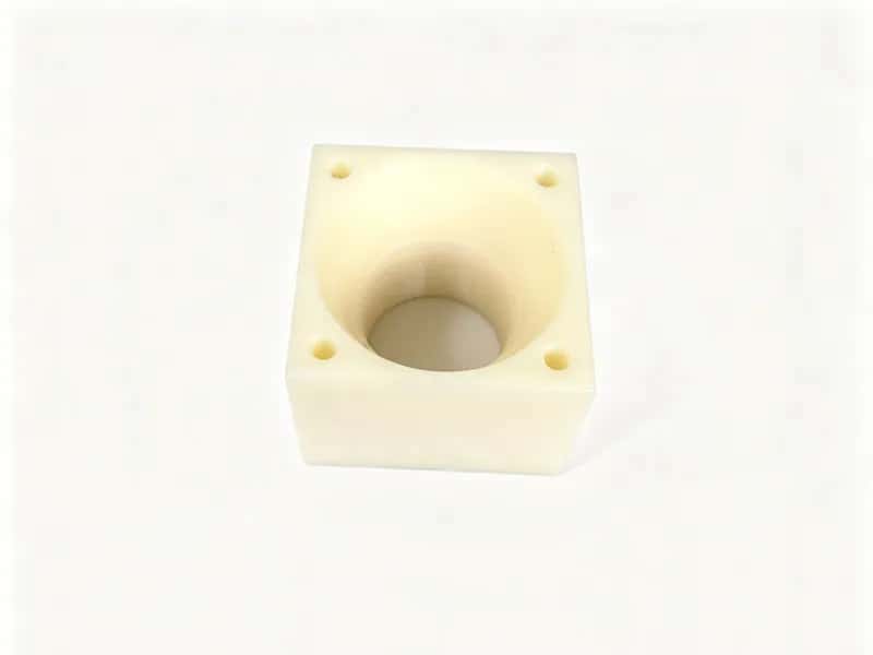 CNC-milled PTFE square housing with a central bore and four corner mounting holes