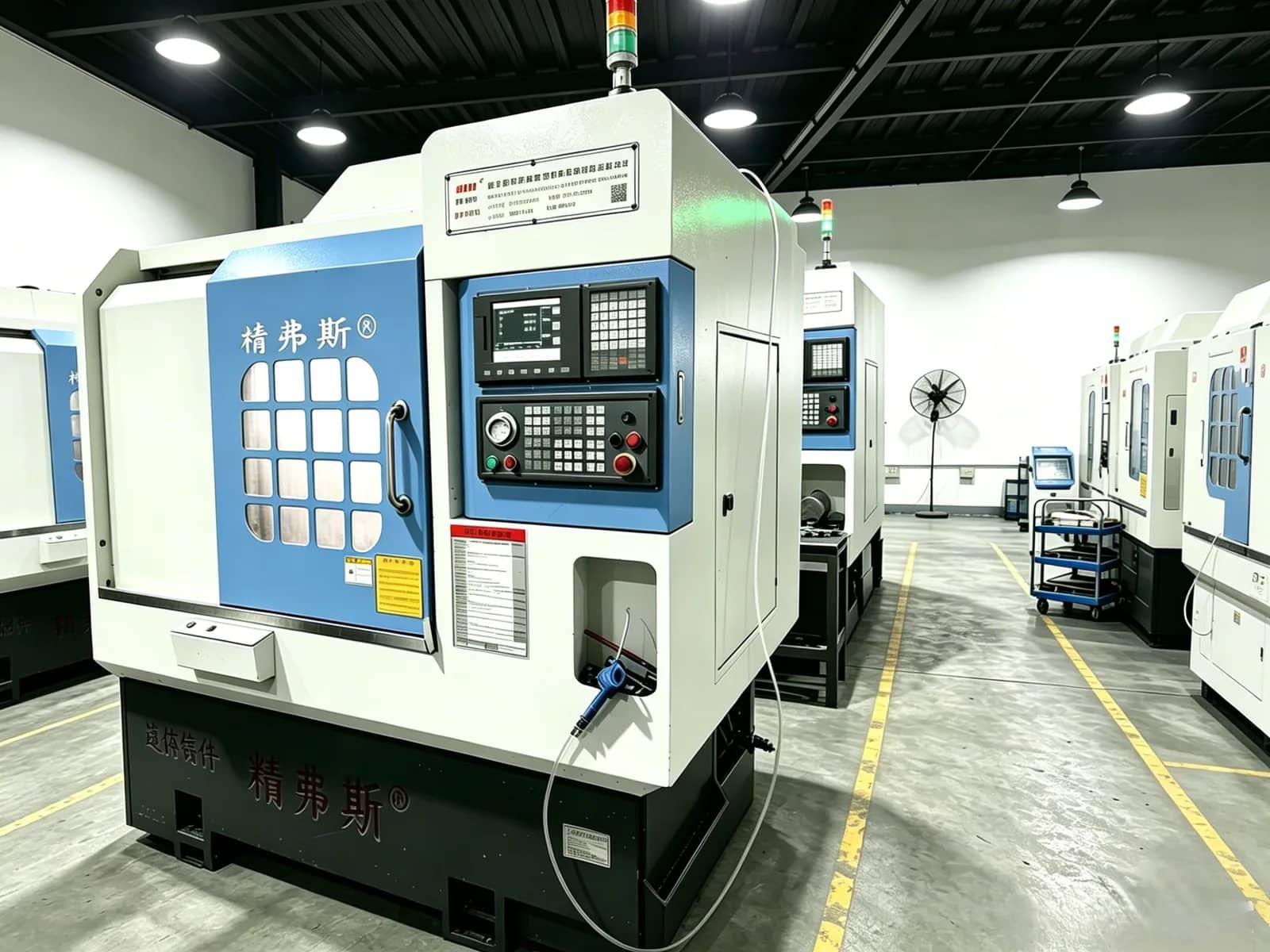 Row of slant-bed CNC lathes with control panels on a clean workshop floor