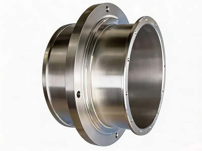 Large aluminum dual-flange housing with a through-bore and bolt circles on both rims