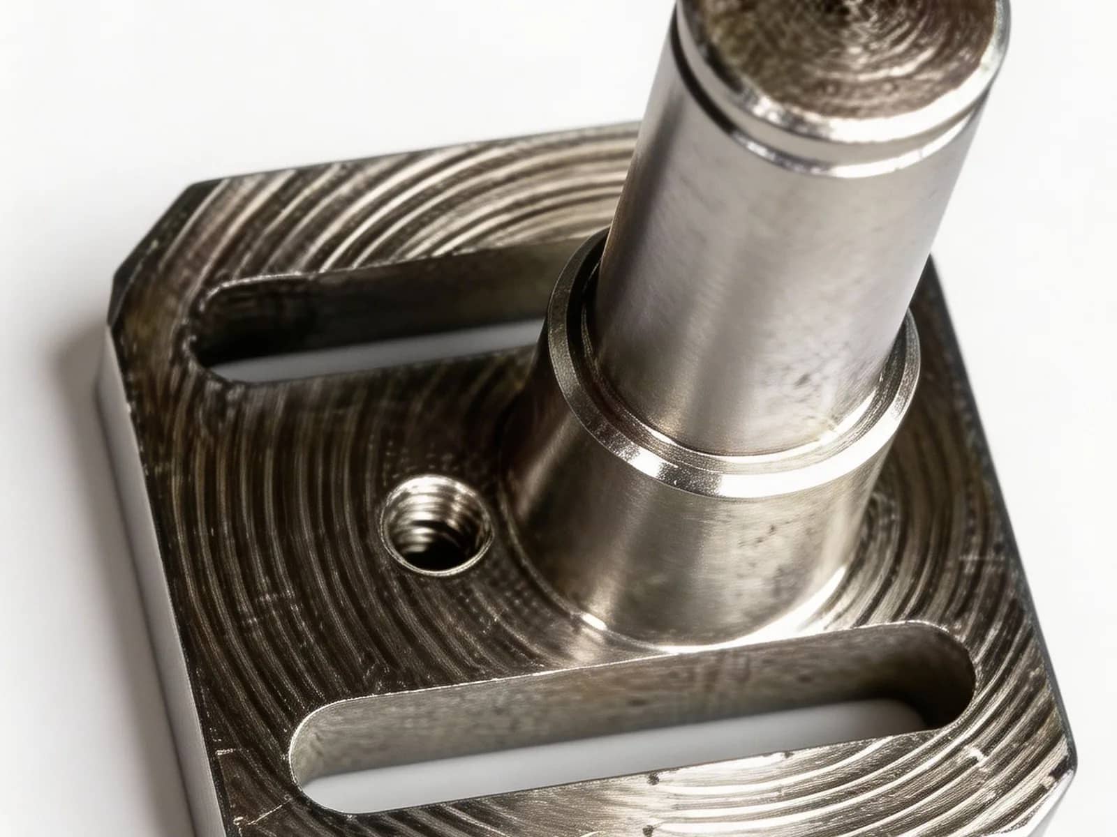 Machined base plate with elongated slots, threaded holes, and a stepped guide post on a white background