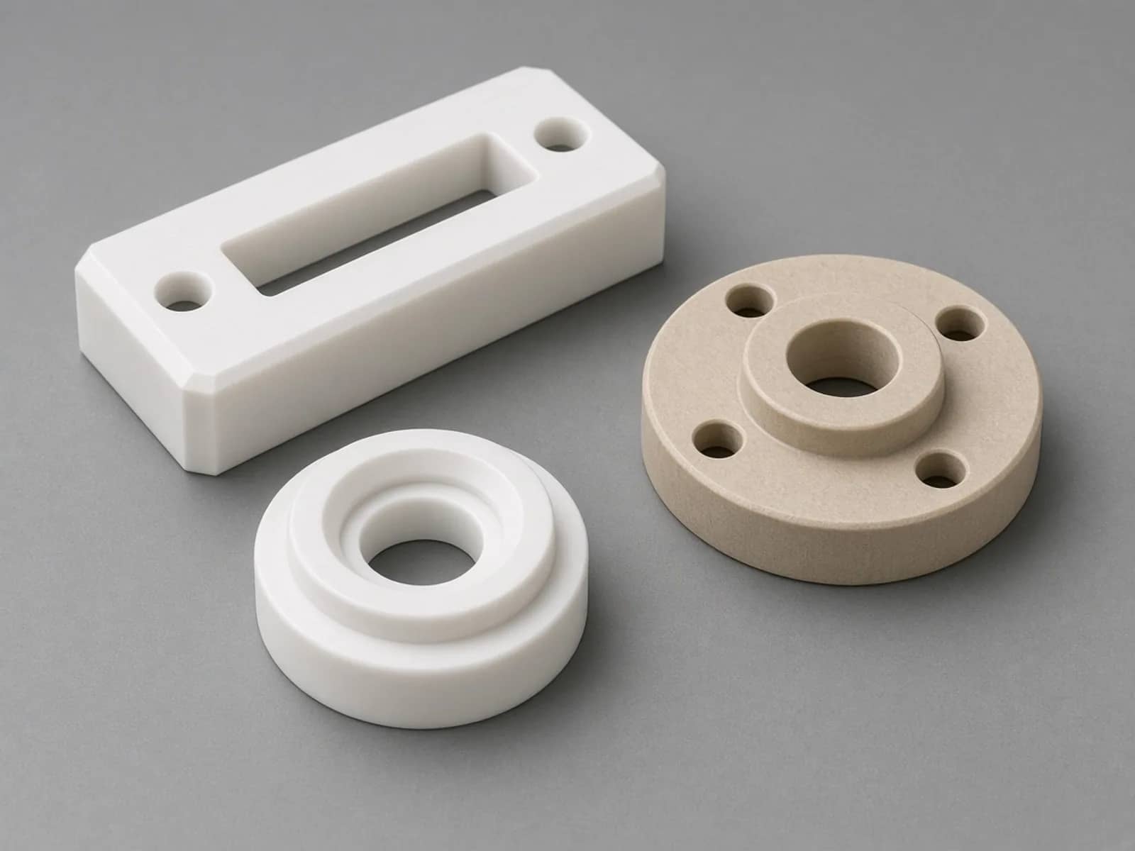 White POM guide slider, PTFE valve seat, and natural PEEK insulating flange on a gray studio background