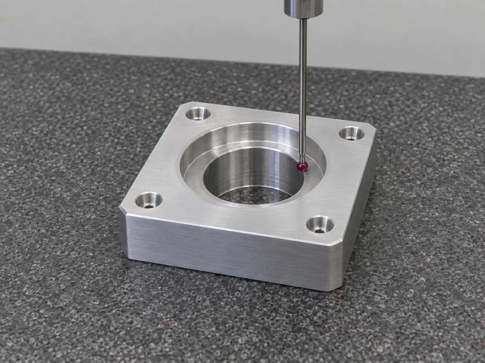 Vertical CMM probe measuring the bearing-seat bore of an aluminum flange housing on the granite plate