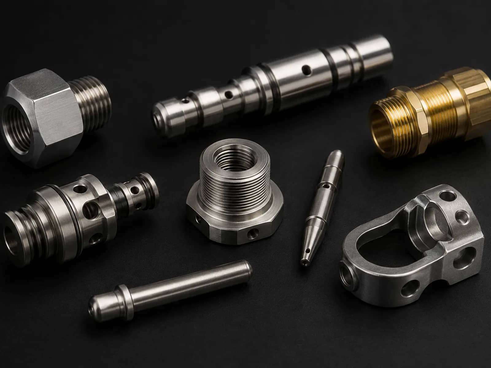 Assortment of precision CNC-machined metal parts including stainless fittings, a brass hex connector, and a bracket on a dark background