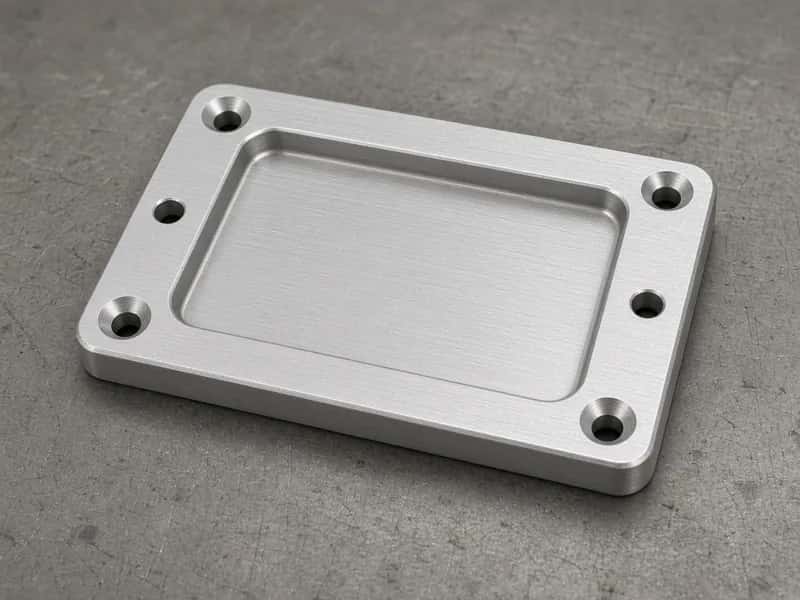 CNC-milled aluminum cover plate with one shallow recess and four corner mounting holes on a neutral workbench