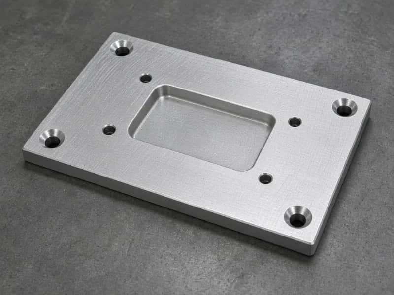CNC-milled aluminum locating plate with a shallow nest pocket, dowel holes, and four corner mounting holes on a neutral workbench