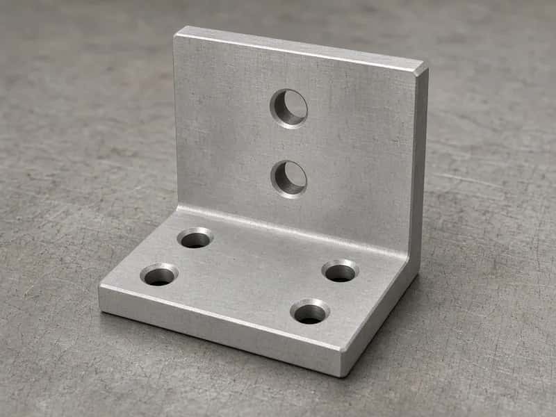 CNC-milled aluminum clevis link with a mounting flange and aligned pin bores on a neutral workbench
