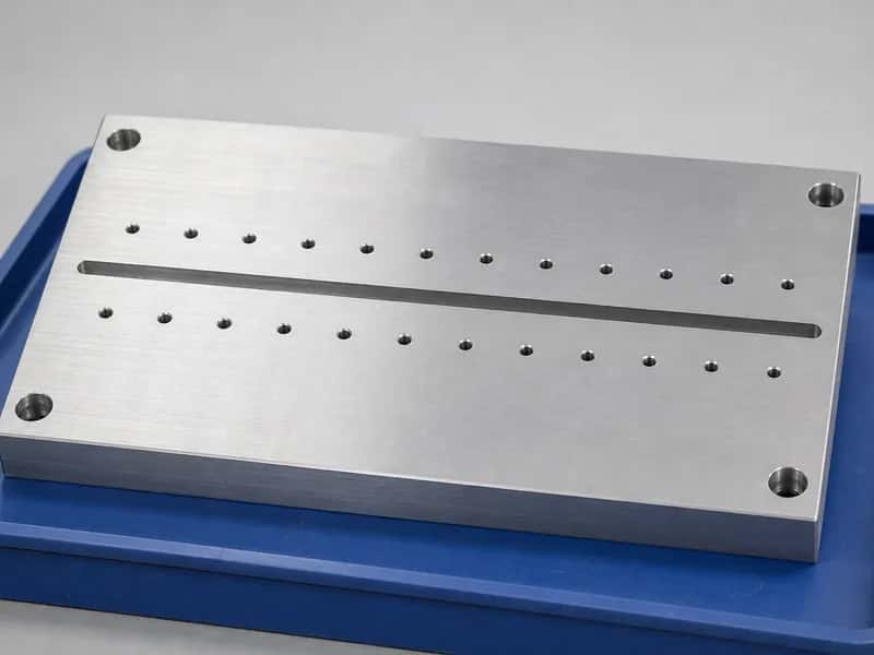 CNC milled aluminum fixture plate with central slot and evenly spaced locating holes on a blue tray