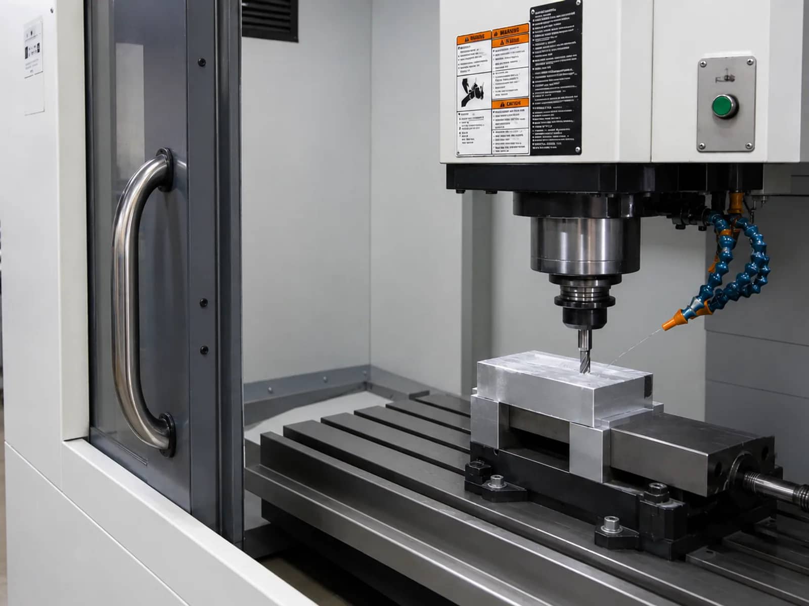 CNC vertical milling of a clamped metal workpiece with coolant directed at the cutting tool
