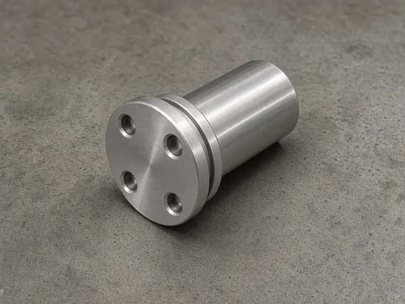 CNC-turned aluminum stub shaft with a locating shoulder and four-bolt flange on a neutral workbench