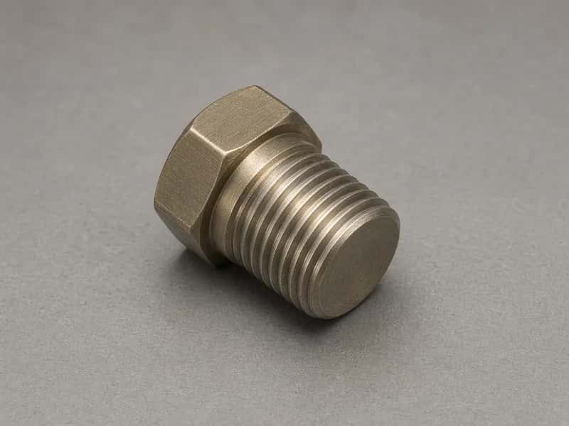 CNC-turned hex fitting with external thread and sealing shoulder on a neutral workbench