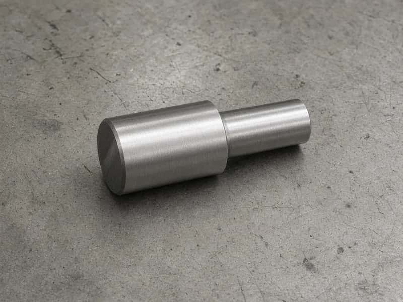 Simple CNC-turned stepped metal pin with one shoulder on a neutral workbench