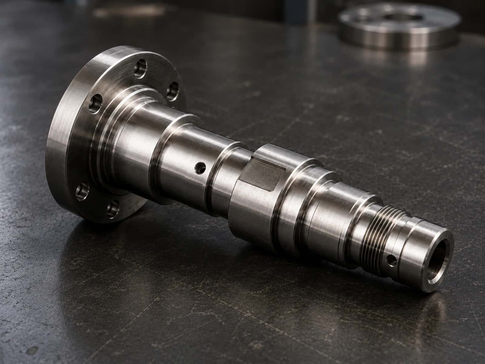 CNC turned flanged steel shaft with stepped diameters, bolt circle, and threaded end on a dark surface