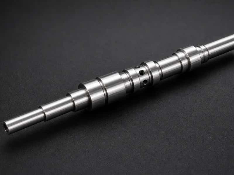 Polished CNC turned hydraulic valve spool with radial holes on a dark textured background