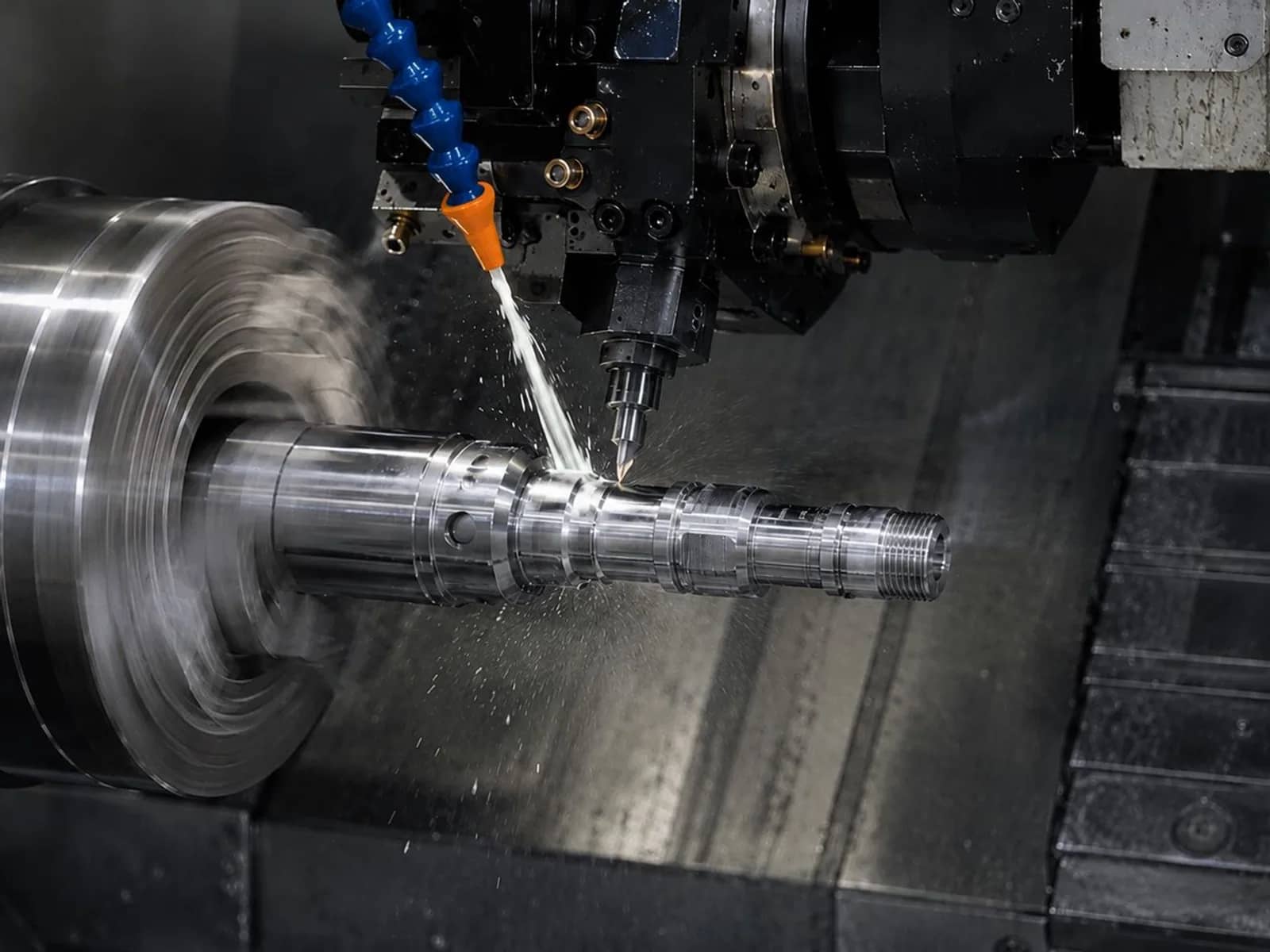 CNC lathe chuck turning a stepped metal shaft with coolant directed at the cutting tool