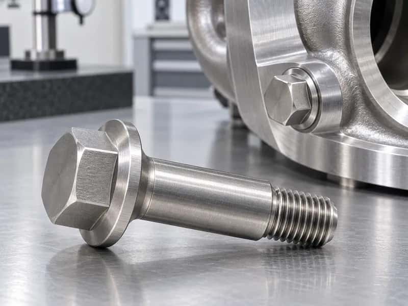 Factory-new external-hex nickel-alloy flange bolt beside a clean high-temperature housing joint