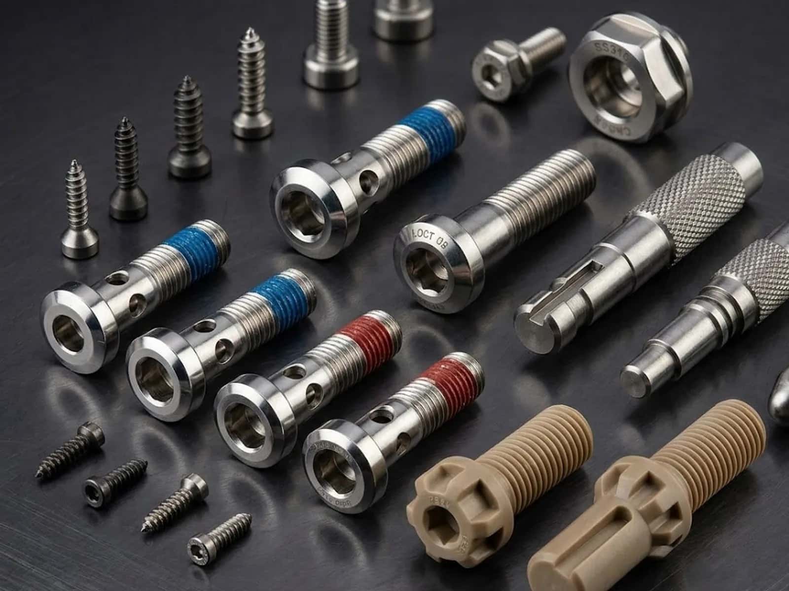 Assorted custom machined screws, bolts, and PEEK fasteners arranged on a dark brushed metal surface
