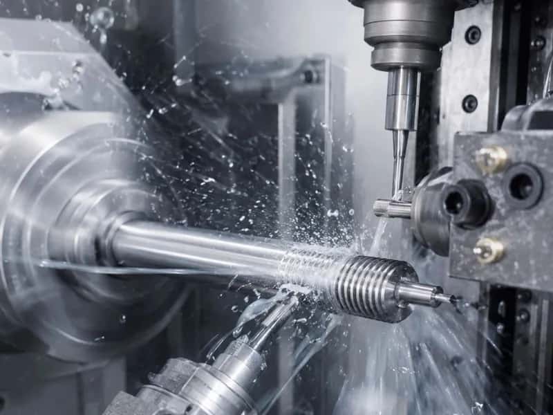 Swiss-type lathe turning a metal rod with multiple tools and coolant spray