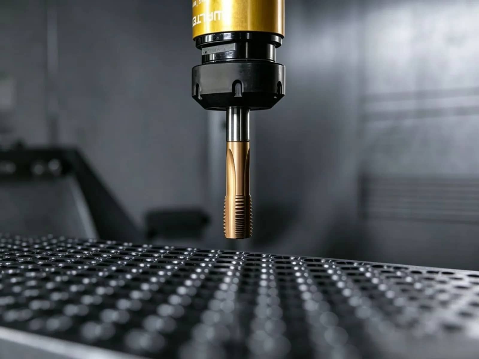 Coated threading tool held in a spindle above a perforated metal fixture plate