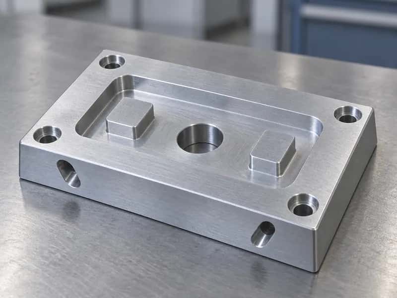 Machined aluminum fixture plate with a shallow locating pocket, datum pads, mounting holes, and side access holes