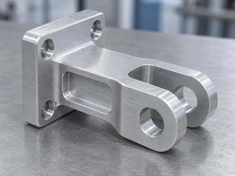 Machined aluminum clevis link with a mounting flange, shallow side pocket, and aligned pin bores