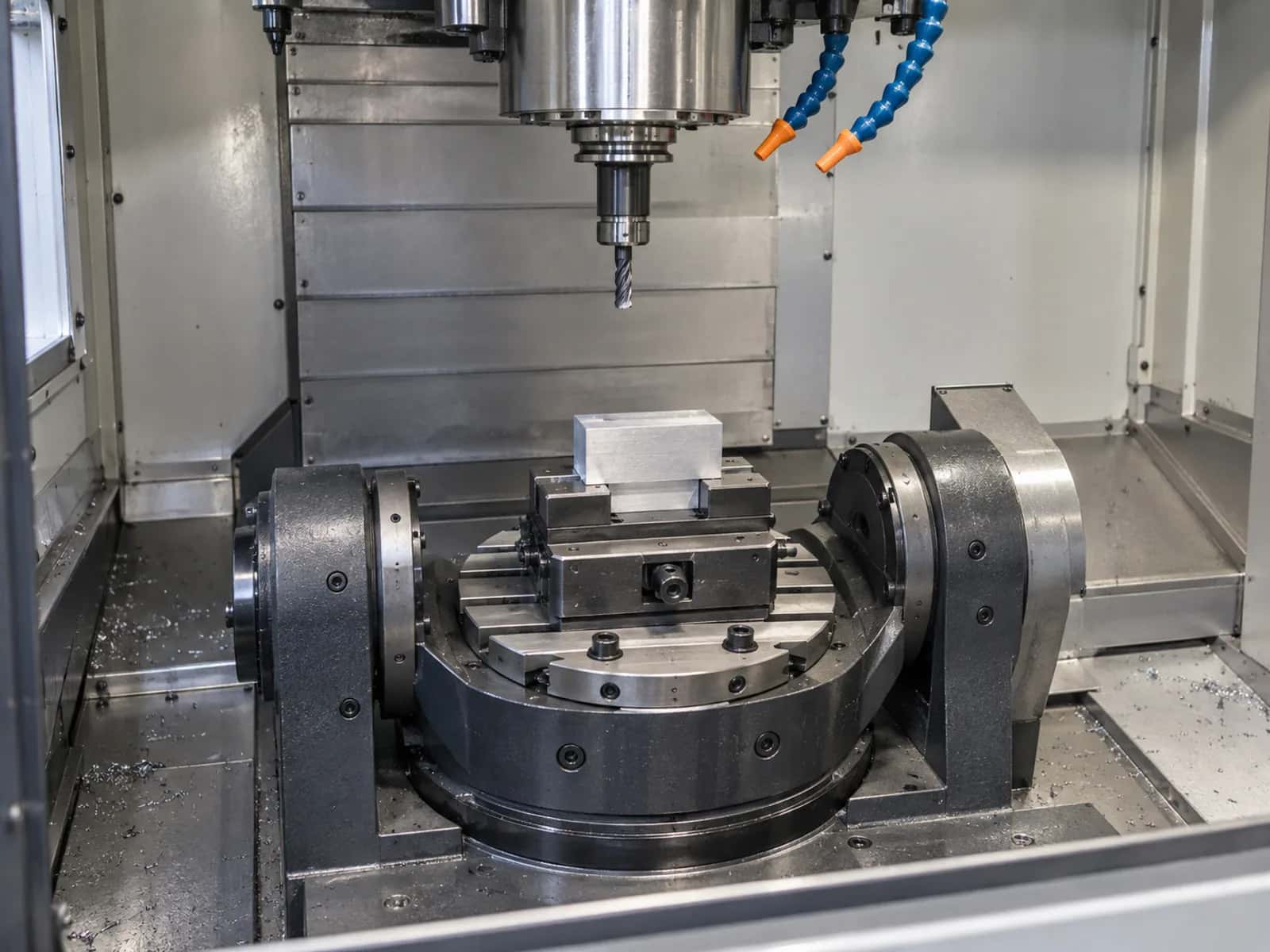 Unbranded five-axis machining center with a tilting trunnion, vise-clamped aluminum billet, spindle, and coolant nozzles