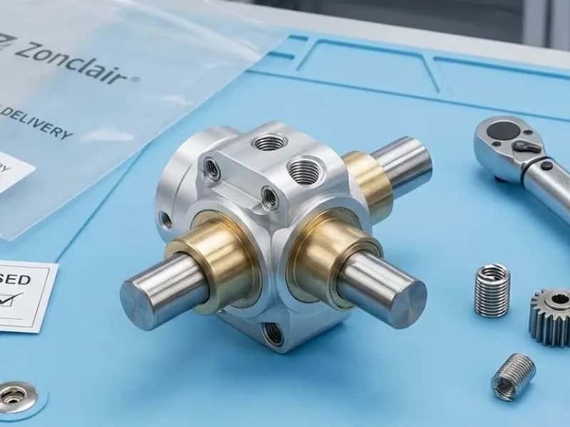 Multi-axis machined metal module with shafts and fasteners on a blue work mat marked QA passed