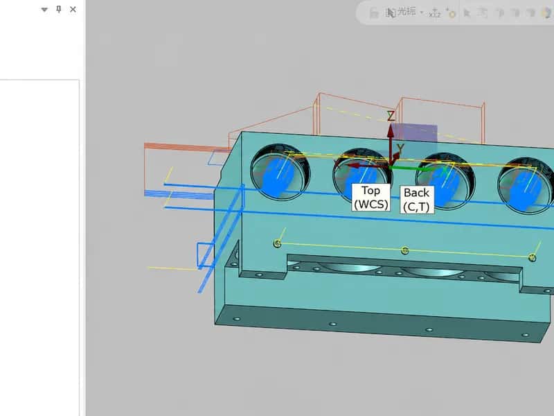 Mastercam toolpath tree and 3D viewport showing multi-plane contour and drill operations