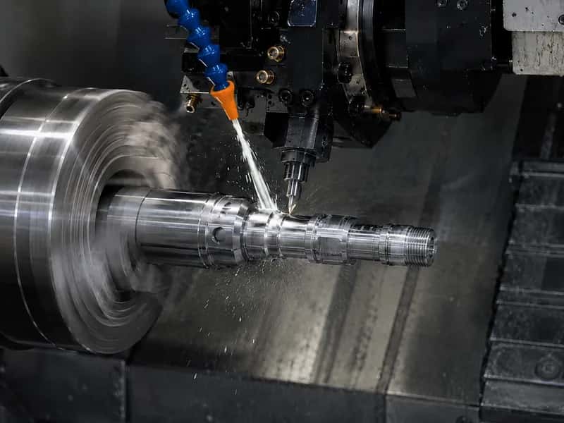 CNC lathe turning a cylindrical metal shaft with coolant spray