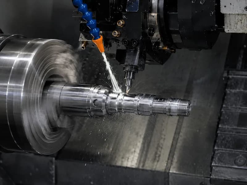 CNC lathe turning a cylindrical metal shaft with coolant spray