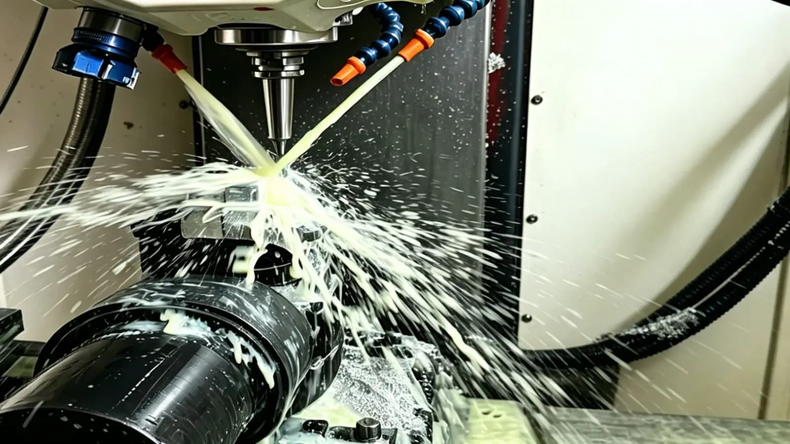 CNC machining center cutting metal with coolant spray during precision work