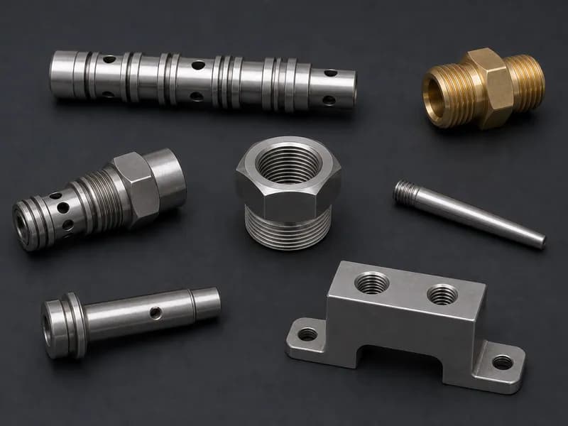 Assorted steel machined fittings, shafts, and bracket components on a dark surface
