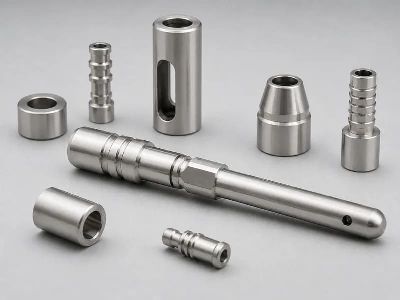 Clean silver machined cylindrical parts and instrument-style hardware on a light surface