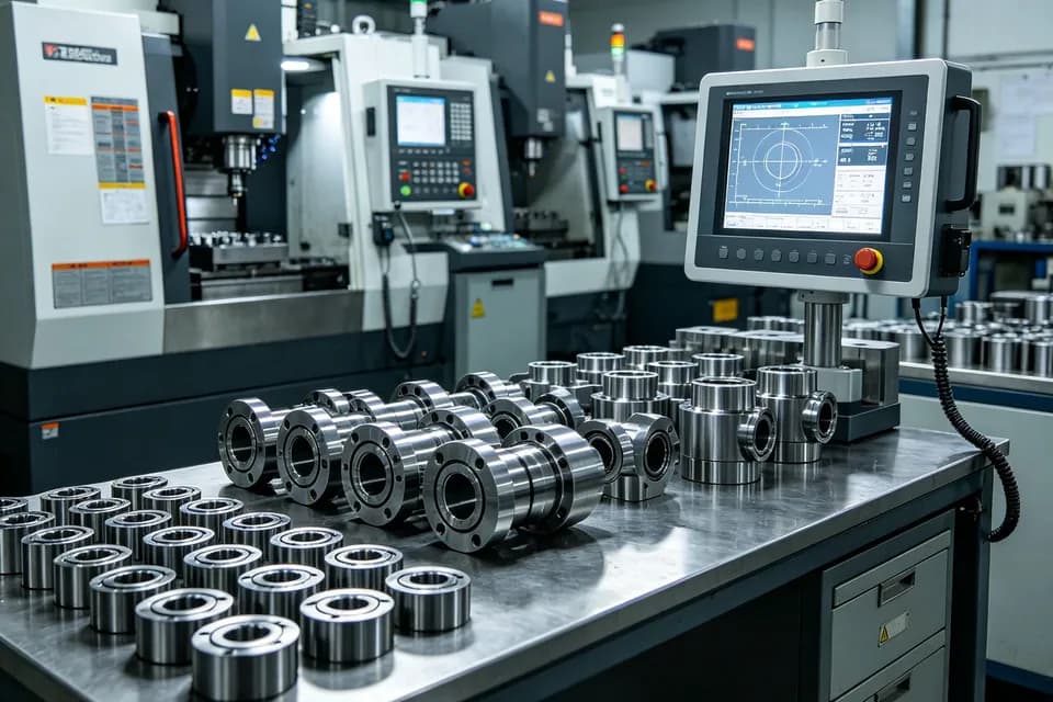 Precision-machined components beside CNC equipment