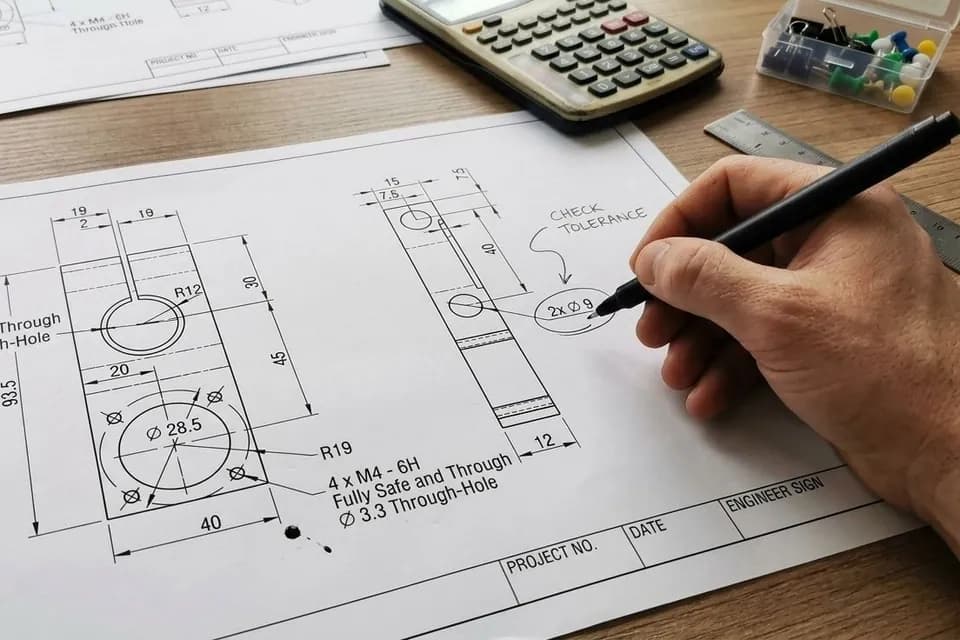 Engineer reviewing a dimensioned part drawing during DFM review