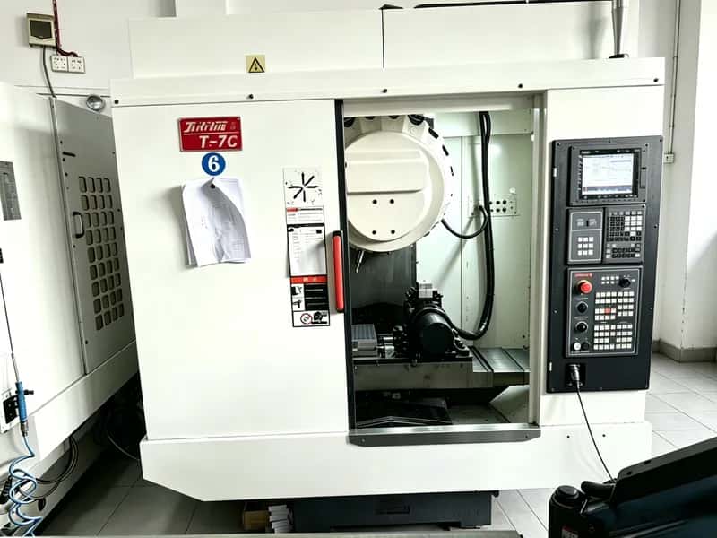 Enclosed vertical CNC machining center with control panel on the shop floor