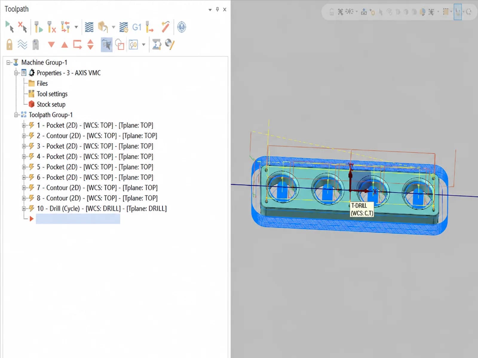 CAM toolpath manager listing pocket, contour, and drill operations beside a 3D housing with WCS drill datums