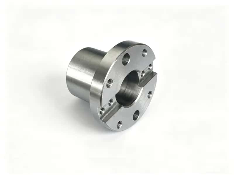 Machined carbon-steel flange hub with keyed face, bolt circle, and central bore