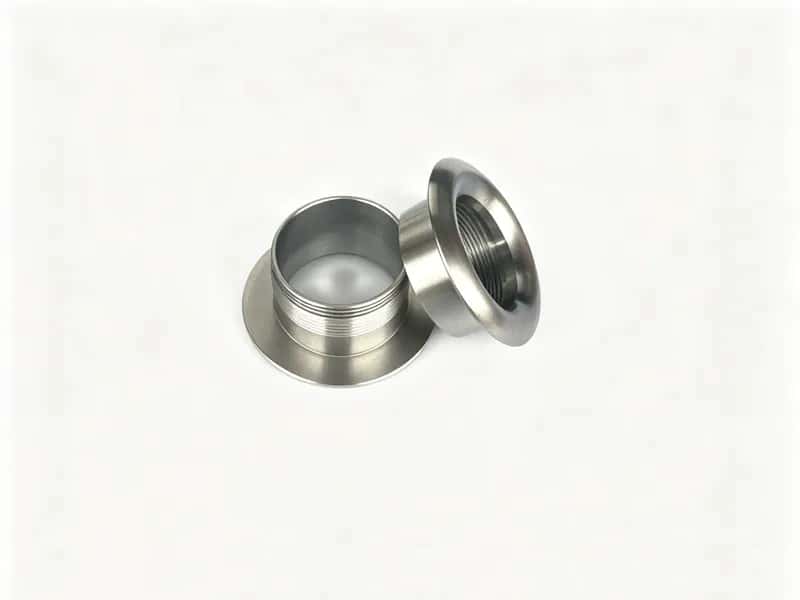 Pair of brushed stainless steel threaded flange fittings on a white background