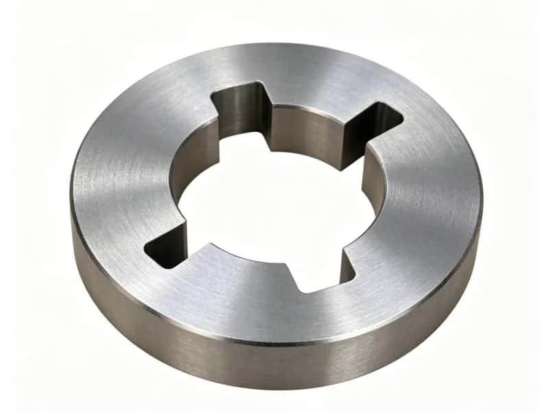 Thick steel ring with four rectangular internal keyway slots cut through the center bore
