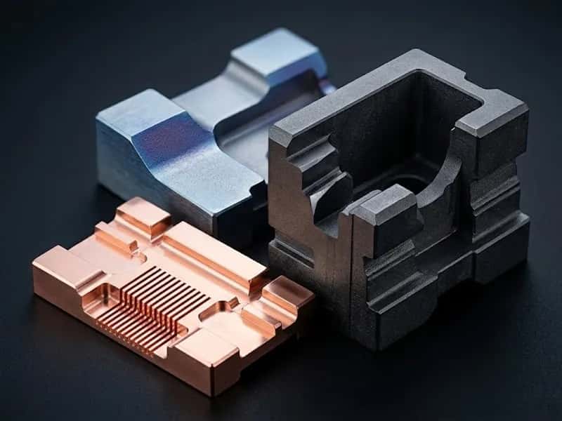 Wire EDM parts in copper, dark tool steel, and blue-grey alloy on a dark surface