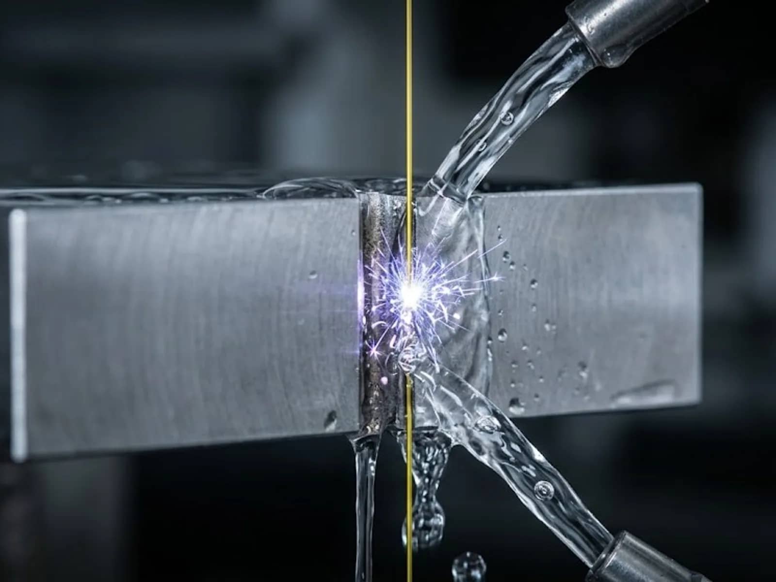 Brass wire EDM cutting a steel block with spark discharge and dielectric water flush